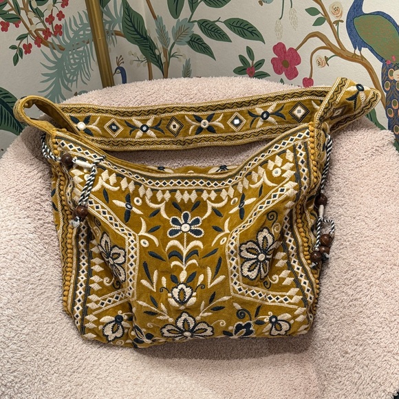 Free People Handbags - FREE PEOPLE Vic Velvet Slouchy Embroidered Floral Shoulder Bag - Mustard